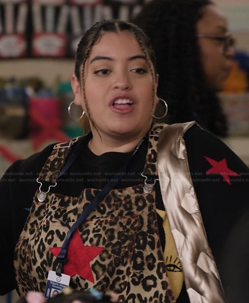 Ashley’s star graphic sweater and overalls on Abbott Elementary