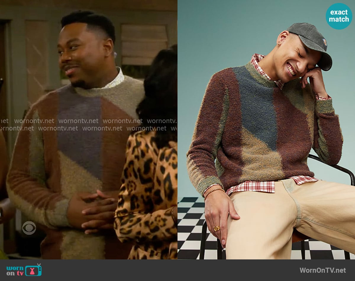 ASOS Design Relaxed textured knit crew neck sweater in multi color worn by Marty (Marcel Spears) on The Neighborhood