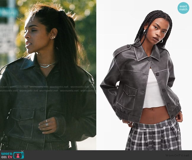 ASOS  Faux leather cropped button thru patch pocket bomber jacket worn by Andrea Cruz (Ash Santos) on Marshals