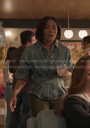 Athena's gathered waist denim shirt on 9-1-1