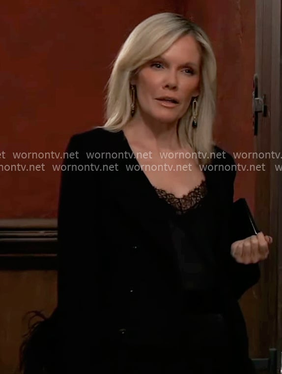 Ava’s black feather trim jacket on General Hospital