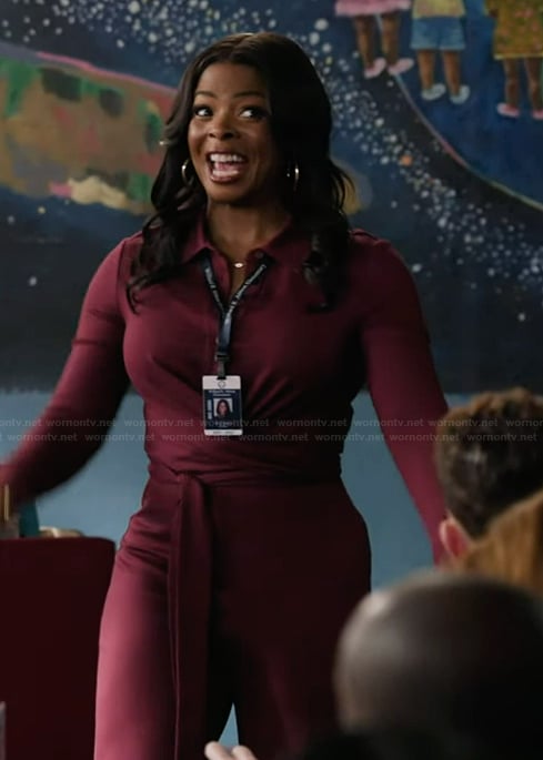 Ava’s bugundy wrap waist shirtdress on Abbott Elementary