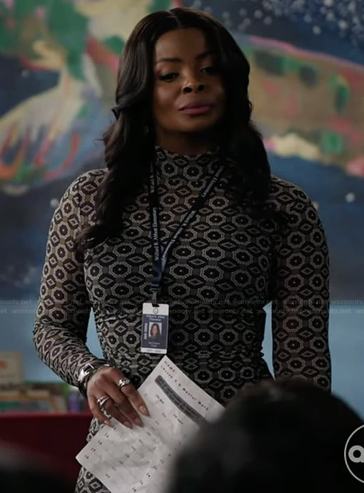 Ava’s geometric print mesh dress on Abbott Elementary