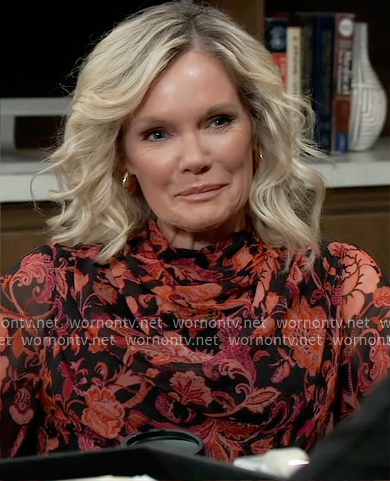 Ava’s red floral cowl neck blouse on General Hospital