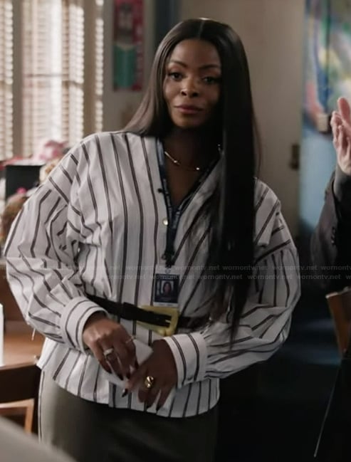 Ava's white striped v-neck top on Abbott Elementary