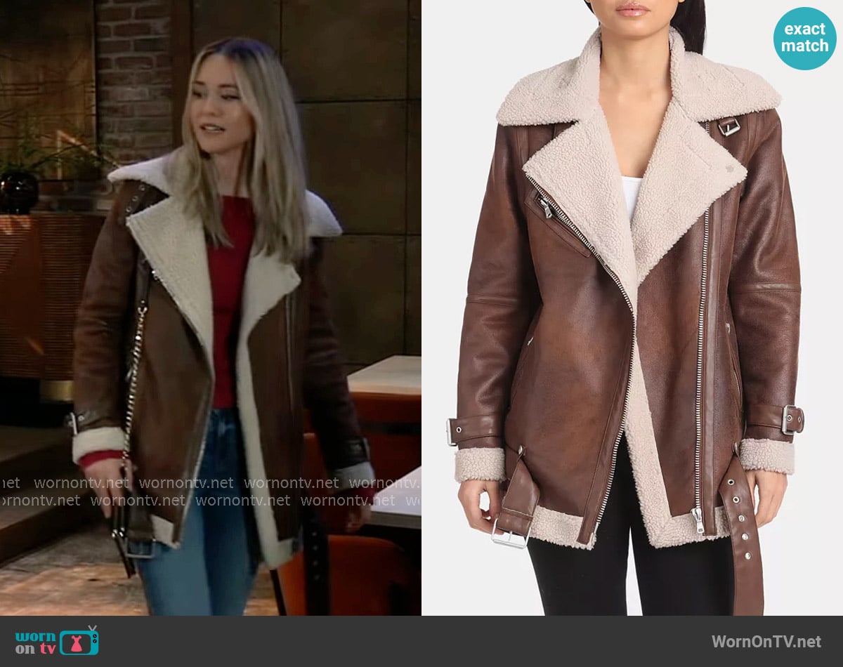 Avec Les Filles Oversized Faux Shearling Moto Jacket In Whiskey worn by Jacinda Bracken (Paige Herschell) on General Hospital