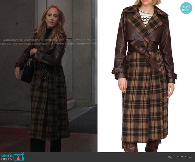 Avec Les Filles Plaid Faux Leather Trim Double Breasted Coat worn by Teddy Altman (Kim Raver) on Greys Anatomy