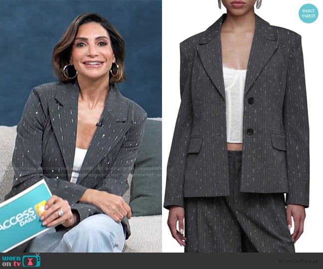 Avec Les Filles Rhinestone Detail Pinstripe Blazer worn by Courtney Mazza on Access Hollywood