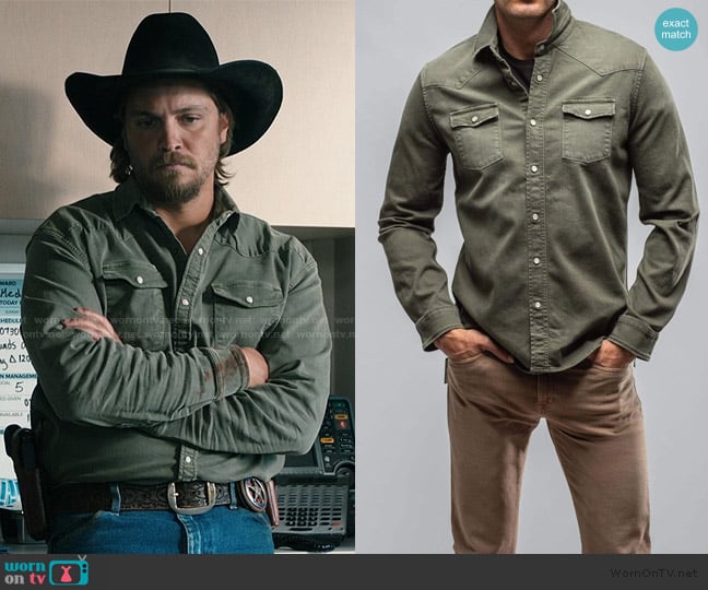 Axel's Ranger Colored Denim Snap Shirt In Army worn by Kayce Dutton (Luke Grimes) on Marshals