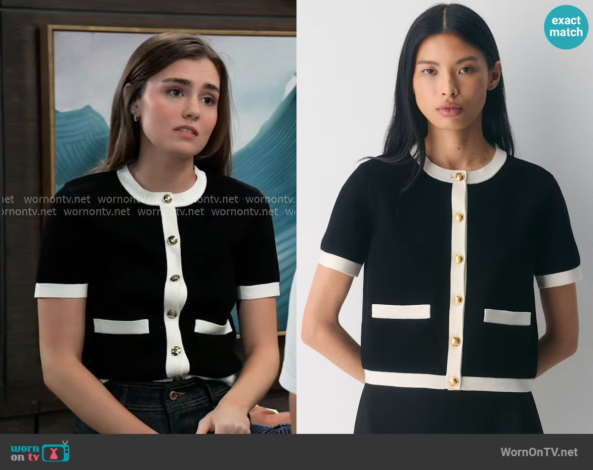 Babaton at Aritzia Approach Shortsleeve Cardigan in Black / Light Birch worn by Emma Scorpio-Drake (Braedyn Bruner) on General Hospital