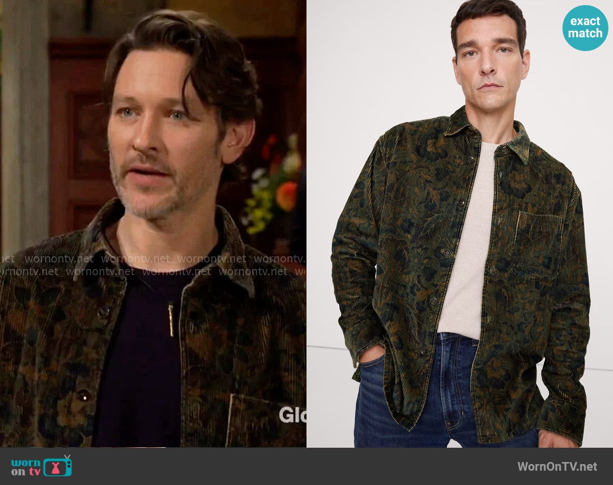 Banana Republic Relaxed-Fit Floral Corduroy Overshirt in Green Floral worn by Daniel Romalotti (Michael Graziadei) on The Young and the Restless