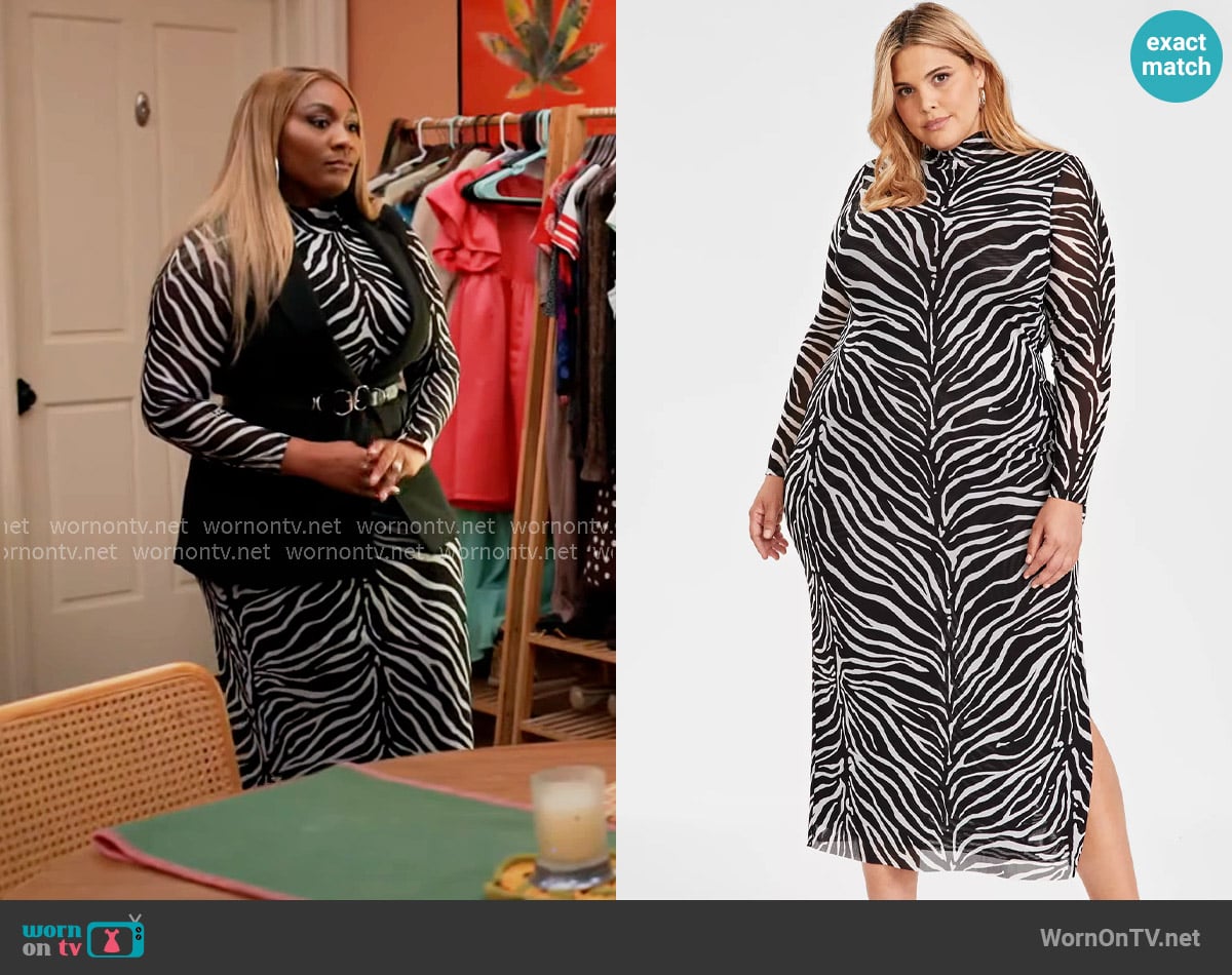 Bar III Zebra-Print Mock-Neck Mesh Dress worn by Daniella King (Mignon) on Tyler Perrys Sistas