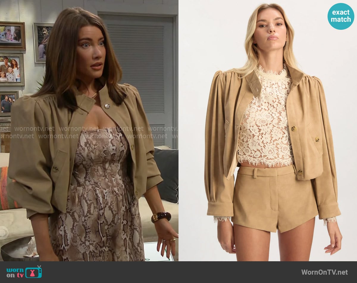 Bardot Leon vegan leather jacket in soft beige worn by Steffy Forrester (Jacqueline MacInnes Wood) on The Bold and the Beautiful