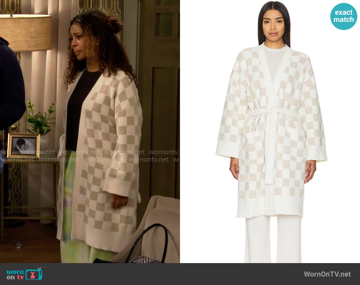 Barefoot Dreams CozyChic Cotton Checkered Robe worn by Courtney (Skye Townsend) on The Neighborhood