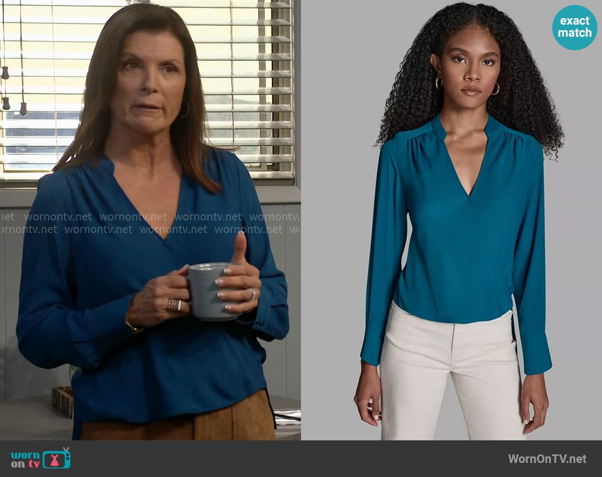 Sheila’s teal blue cross front blouse on The Bold and the Beautiful