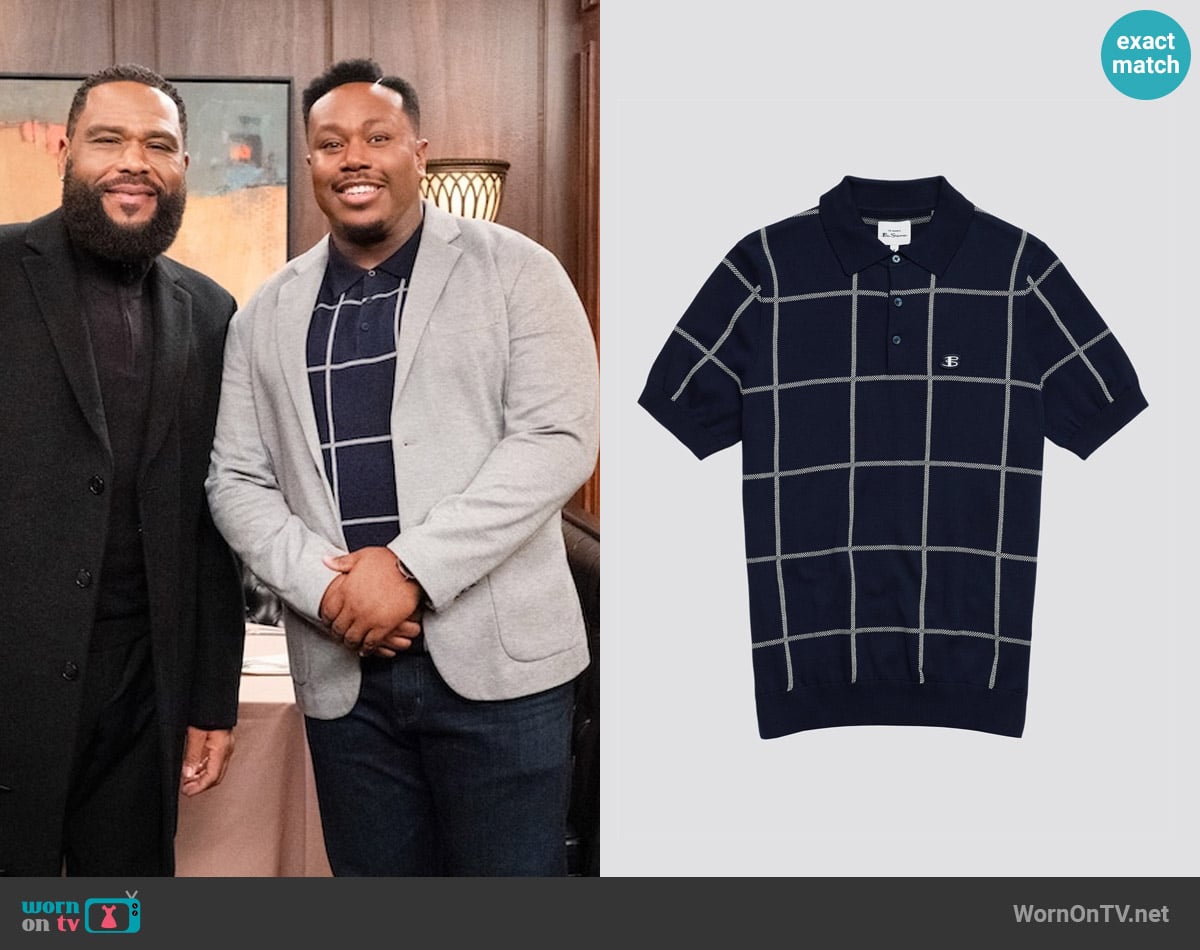 Ben Sherman Jacquard Check Polo Shirt in Marine worn by Marty (Marcel Spears) on The Neighborhood