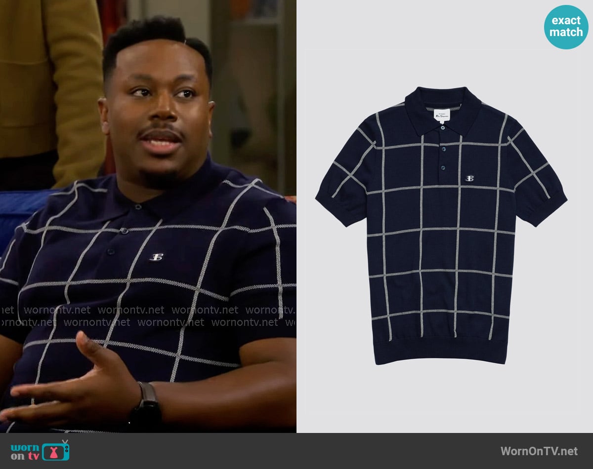 Ben Sherman Jacquard Check Polo Shirt in Marine worn by Marty (Marcel Spears) on The Neighborhood