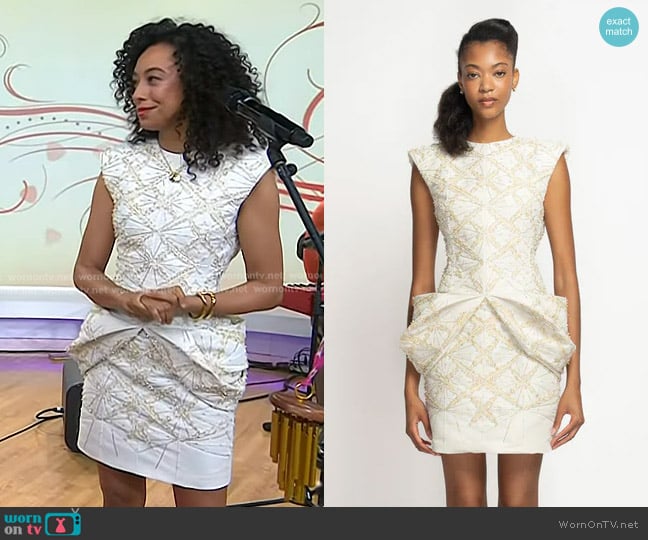 Bibhu Mohapatra Sitara Embroidered Ivory Faille Mini Dress with Moulded Peplum worn by Corinne Bailey Rae on Today