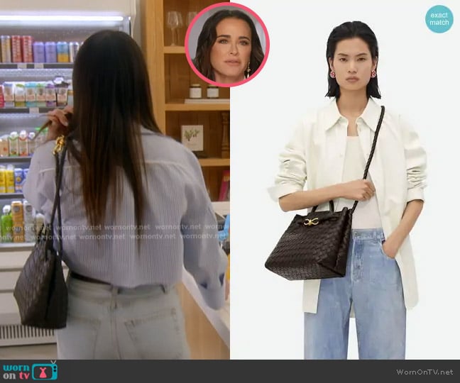 Bottega Veneta Andiamo Medium Bag in Fondant worn by Kyle Richards on The Real Housewives of Beverly Hills