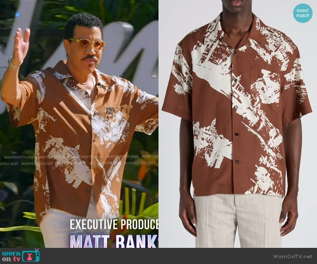 Bottega VenetaPostcard Print Camp Shirt in 2154 Pecan/ Dove worn by Lionel Richie on American Idol
