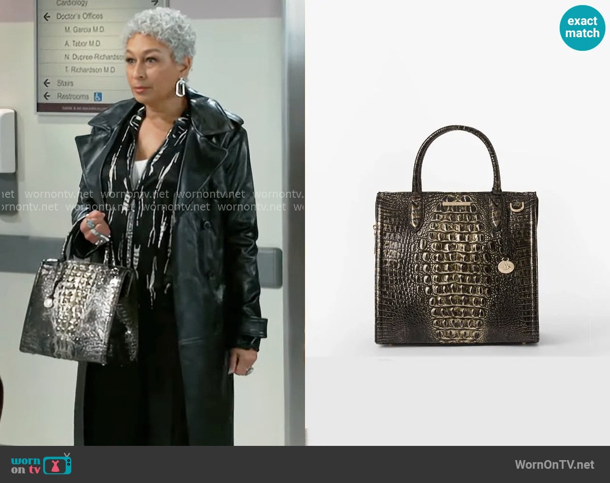 Brahmin Caroline Melbourne Embossed Leather Satchel worn by Anita Dupree (Tamara Tunie) on Beyond the Gates