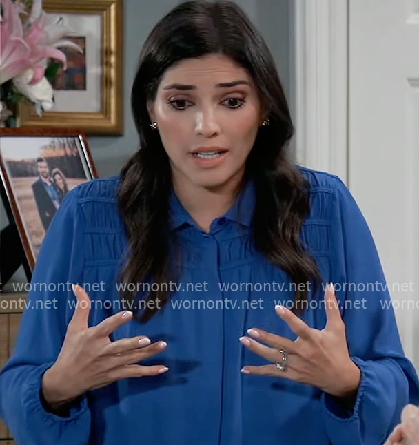 Brook Lynn's blue gathered blouse on General Hospital