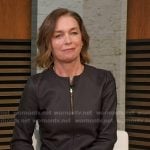 Julianne Nicholson’s brown leather jacket and skirt on Good Morning America