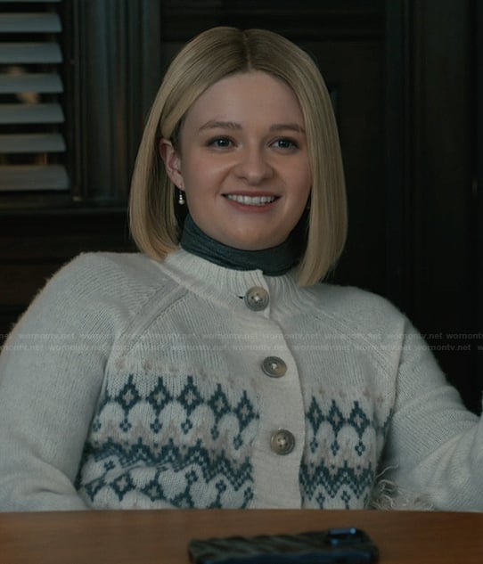 Brynlynn's white fairisle cardigan on Elsbeth