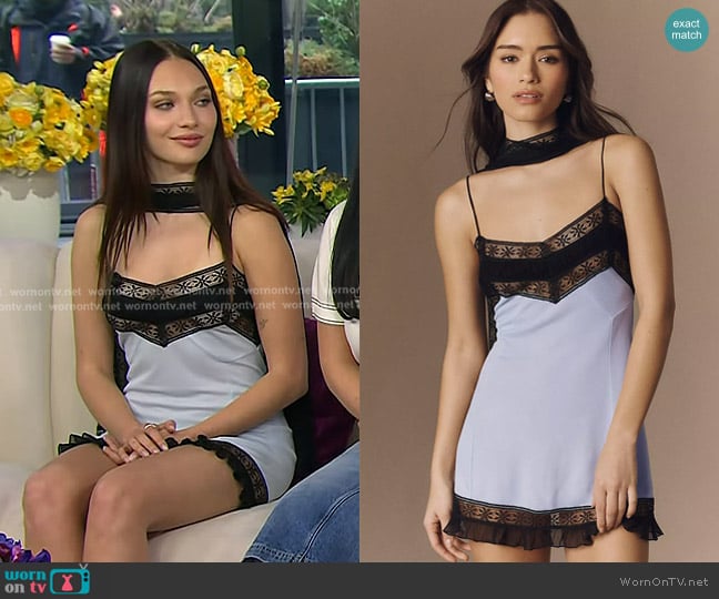 Maddie Ziegler’s blue and black lace paneled mini dress on Today