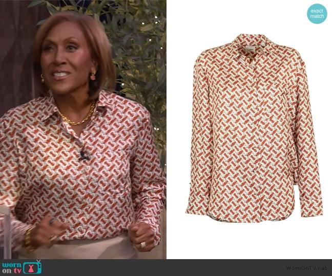 Burberry Godwit Monogram Tb Silk Blouse In Vermillion worn by Robin Roberts on Live with Kelly and Mark