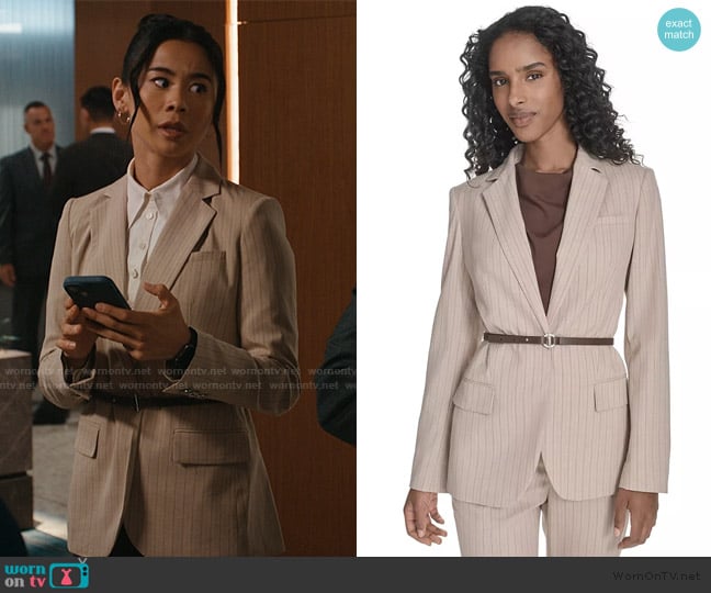Calvin Klein Belted Pinstripe Jacket worn by Sarah Franklin (Leah Lewis) on Matlock