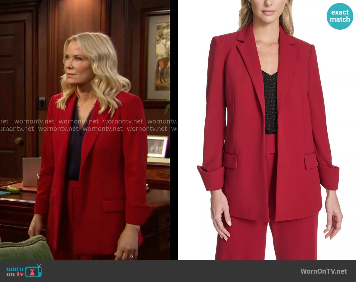 Calvin Klein Open Front Suit Jacket in Cranberry worn by Brooke Logan (Katherine Kelly Lang) on The Bold and the Beautiful