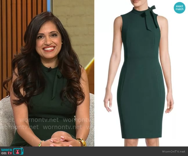 Calvin Klein Sleeveless Tie Scuba Crepe Pencil Dress in Malachite worn by Sue Varma on CBS Mornings