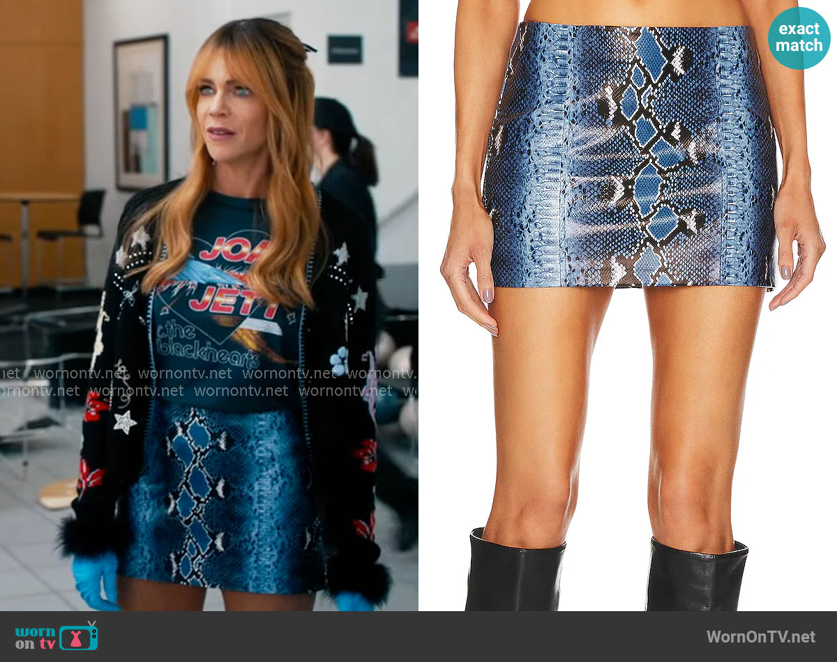 Morgan’s blue snake mini skirt on High Potential