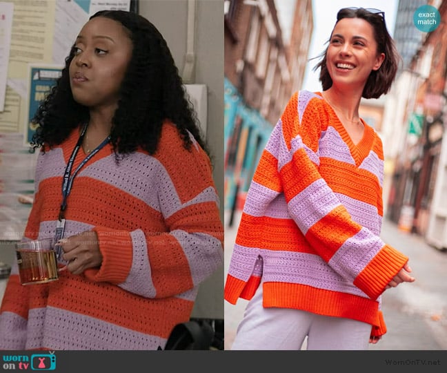 Cara and the Sky Millie Crochet Stripe V Neck Cotton Blend Jumper worn by Janine Teagues (Quinta Brunson) on Abbott Elementary