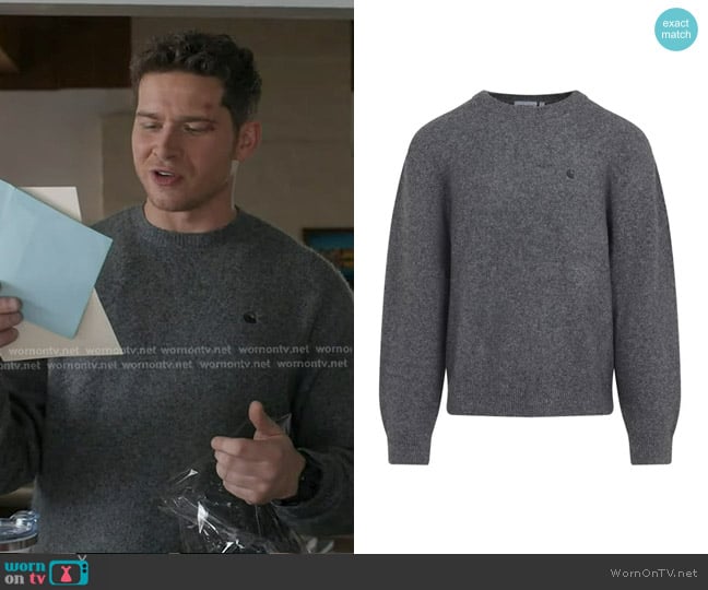 Carhartt Work In Progress Curtis Heathered Crewneck Sweater in Tangled Graphite worn by Evan Buckley (Oliver Stark) on 9-1-1