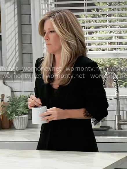 Carly’s black lace-trim blazer on General Hospital