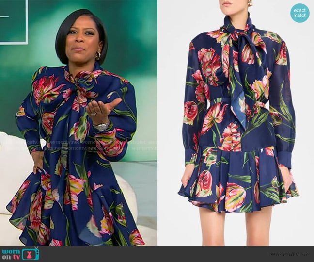 Carolina Herrera Tulip Tie-Neck Mini Shirtdress worn by Tamron Hall on Tamron Hall Show