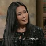 Caroline’s black tweed button front dress and jacket set on Beyond the Gates