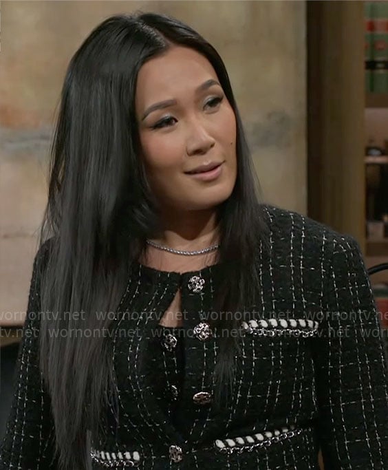 Caroline’s black tweed button front dress and jacket set on Beyond the Gates