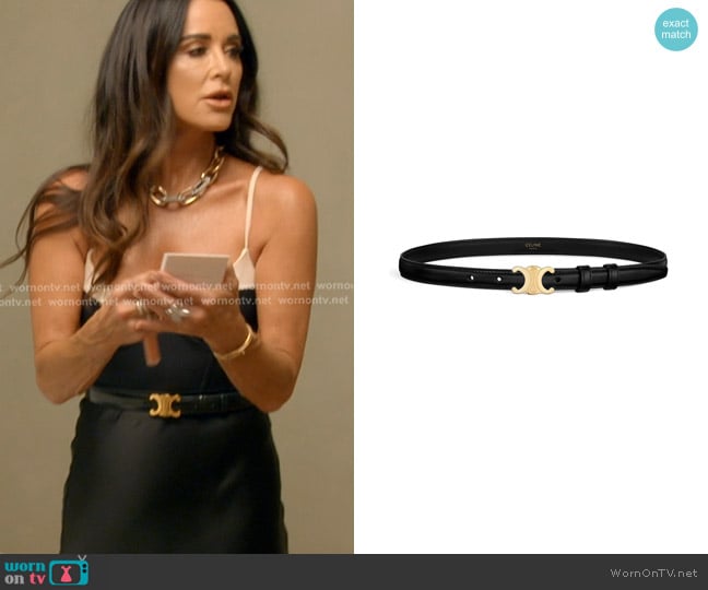 Celine Small Triomphe belt in leather worn by Kyle Richards on The Real Housewives of Beverly Hills