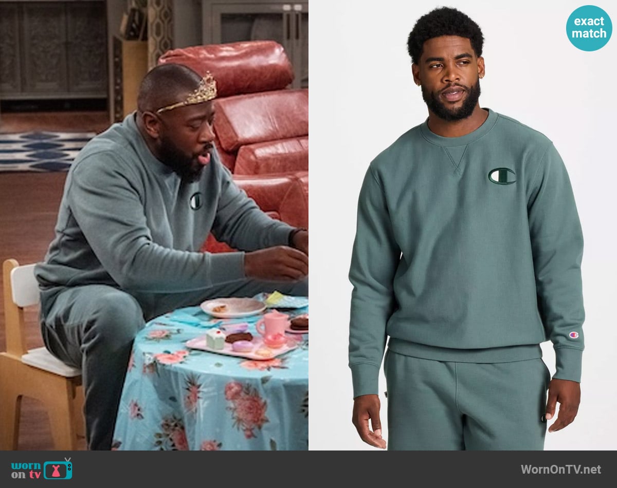 Champion Embroidered Crewneck Sweatshirt worn by Malcom (Sheaun McKinney) on The Neighborhood