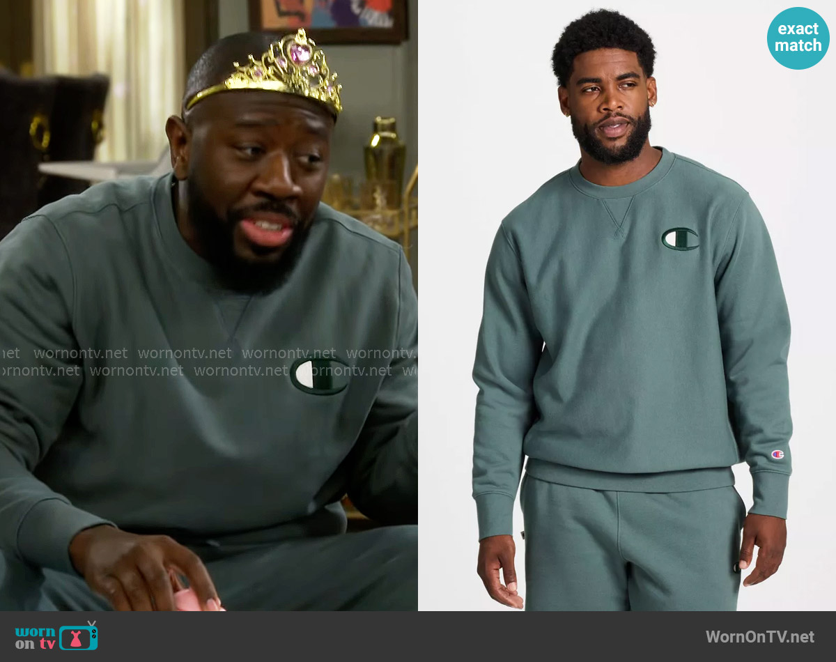 Champion Embroidered Crewneck Sweatshirt worn by Malcom (Sheaun McKinney) on The Neighborhood