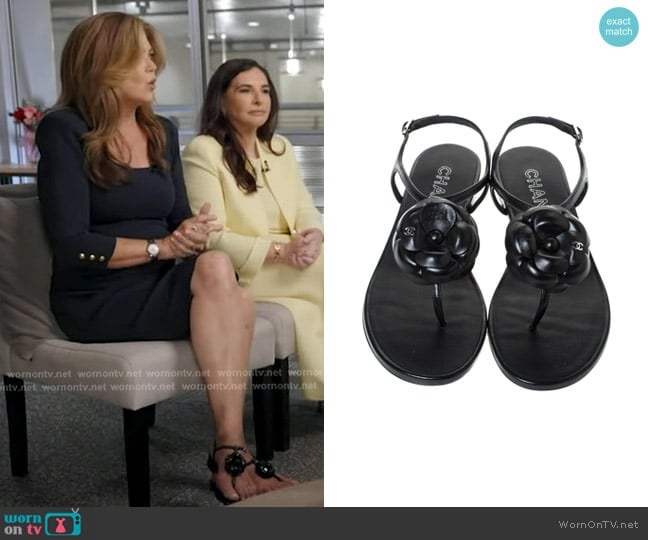Chanel CC Camellia Flat Thong Leather Sandals worn by Kathy Ireland on Good Morning America