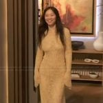 Chloe Zhao’s beige knit maxi dress on The Drew Barrymore Show