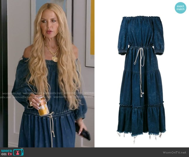 Chloe Tiered Ruffle Off-shoulder Drawstring Denim Maxi Dress worn by Rachel Zoe on The Real Housewives of Beverly Hills