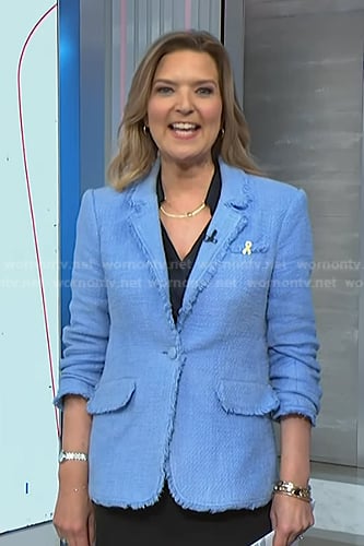 Christine Romans’ blue ruched sleeve tweed blazer on NBC News Daily