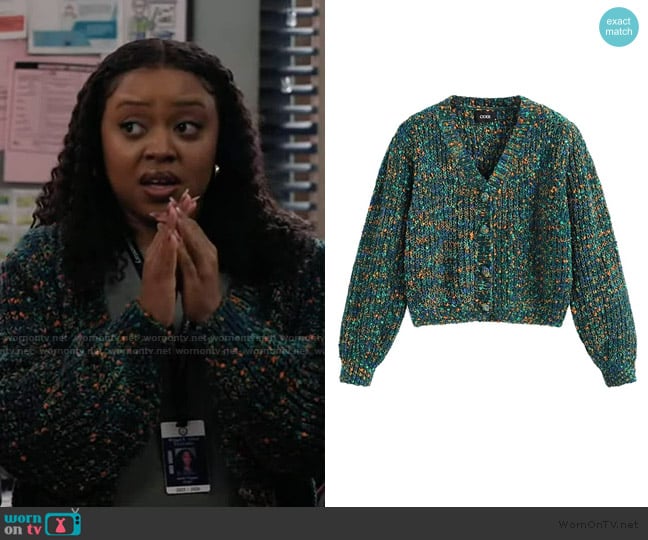 Janine’s speckled cardigan on Abbott Elementary