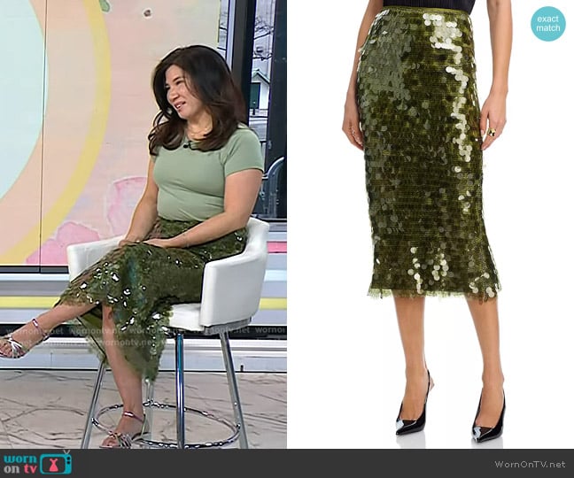 Cinq a Sept Calista Sequined Pencil Skirt in Kelp Forest worn by Esther Lee on Today