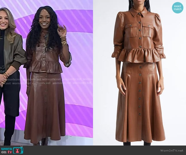 Cinq a Sept Delanie Faux Leather Peplum Jacket in Dark Sepia worn by Nyakio Grieco on Today